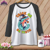 Raglan shirt with Halloween shark graphic saying 