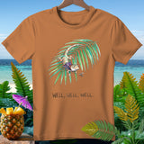 Brown t-shirt with cartoon gecko and text 