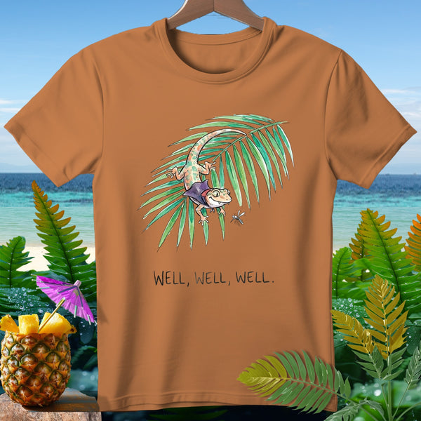 Brown t-shirt with cartoon gecko and text "WELL, WELL, WELL."