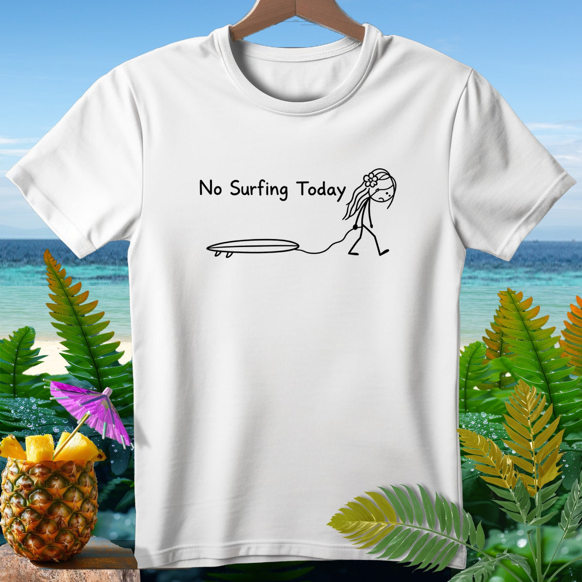 White t-shirt with "No Surfing Today" text and stick figure walking with surfboard.