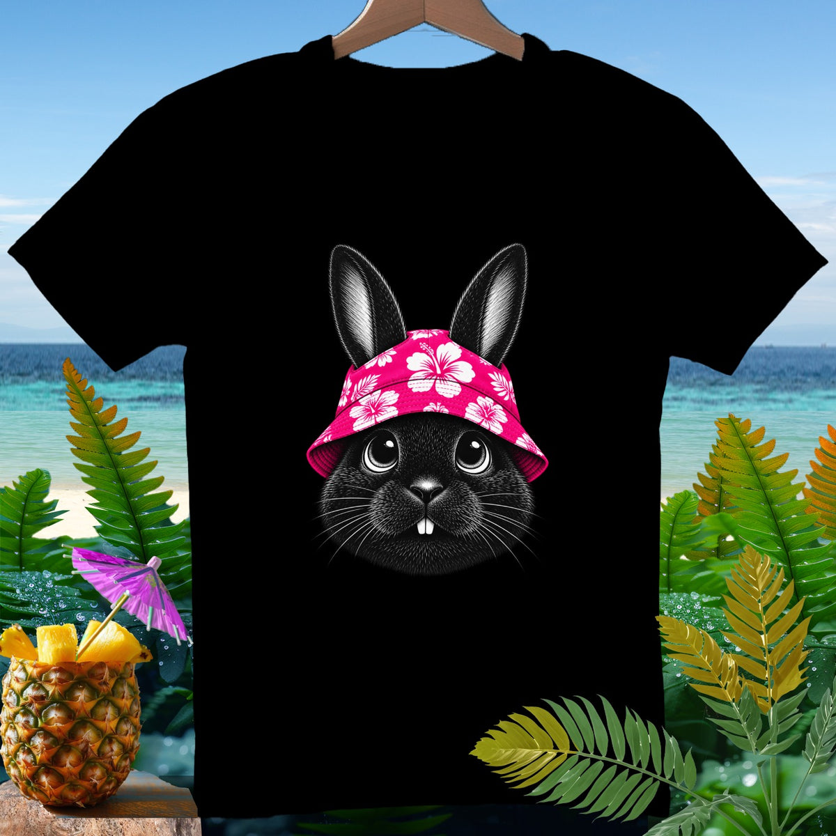 Black t-shirt with a close-up of a black bunny wearing a pink floral bucket hat.