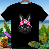 Black t-shirt with a close-up of a black bunny wearing a pink floral bucket hat.