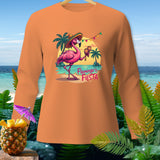 Orange long-sleeve shirt with a pink flamingo wearing a sombrero and holding maracas.