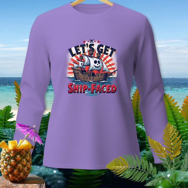 Purple long sleeve shirt with pirate ship graphic that reads "LET'S GET SHIP-FACED".