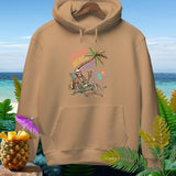 Tan hoodie with skeleton on beach chair graphic, text 