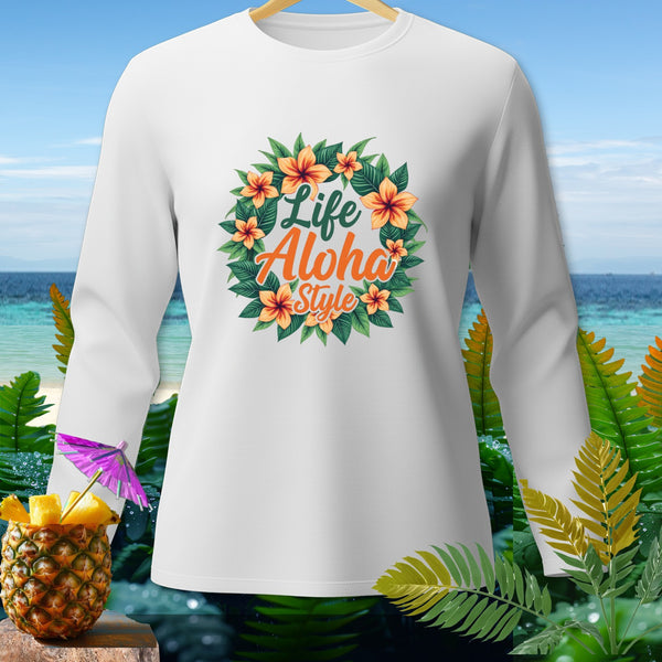 White long-sleeve shirt with "Life Aloha Style" floral wreath graphic.