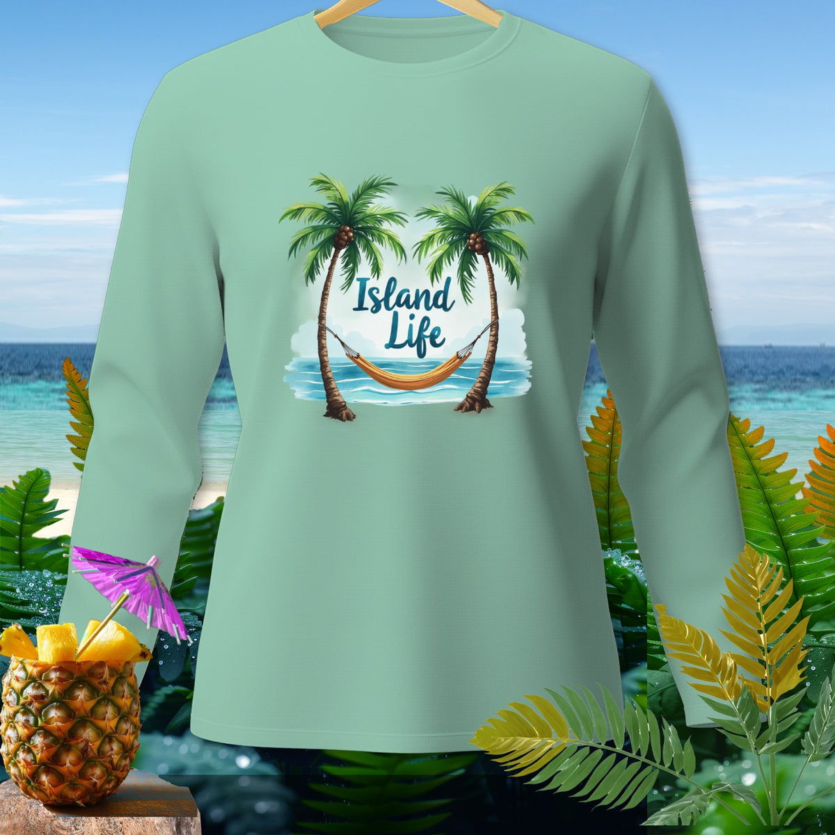 Long-sleeve shirt with "Island Life" graphic featuring palm trees and hammock.
