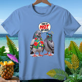 Two pigeons on a light blue t-shirt, one wearing a floral shirt and the other sunglasses, with a speech bubble.