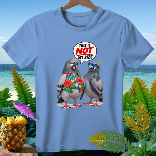Two pigeons on a light blue t-shirt, one wearing a floral shirt and the other sunglasses, with a speech bubble.