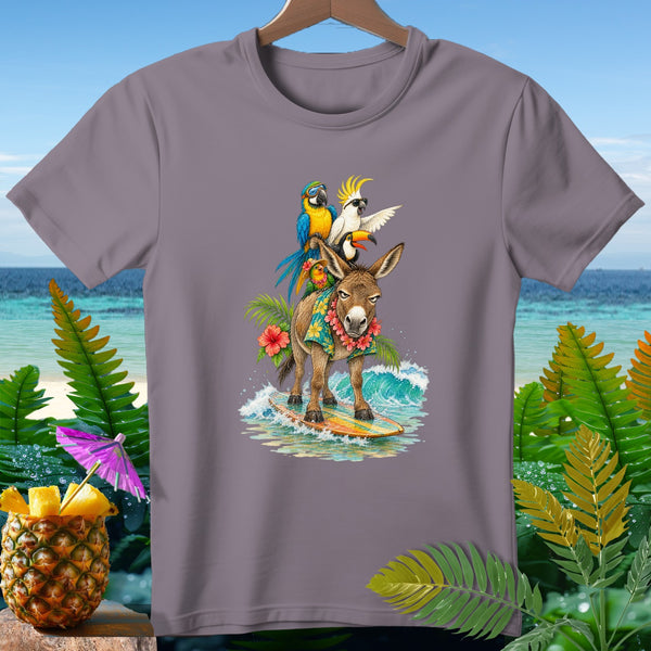 Donkey surfing on a surfboard with parrots on its back, wearing a lei.