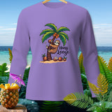 Lavender long-sleeve shirt with a sloth hanging on a palm tree and text 