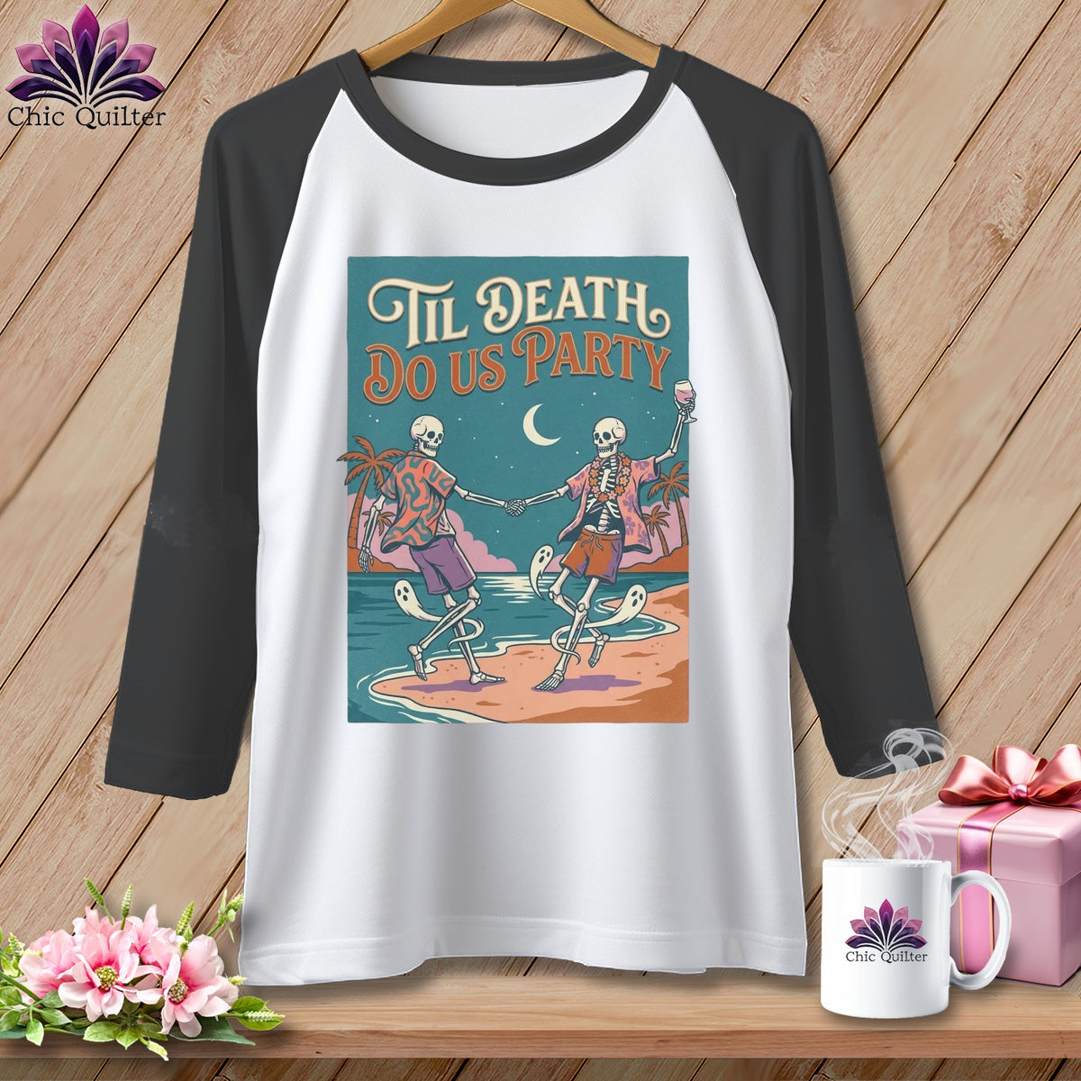 Two skeletons dancing on a beach with the text "Til Death Do Us Party".