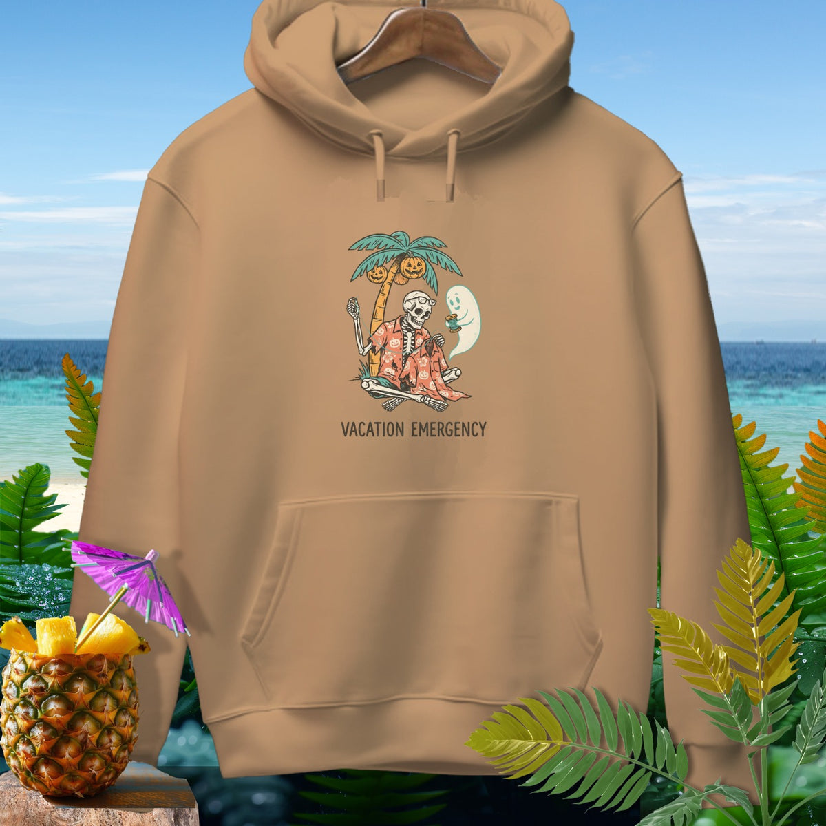 Skeleton with ghost on beach under palm tree with pumpkins, "VACATION EMERGENCY" text.