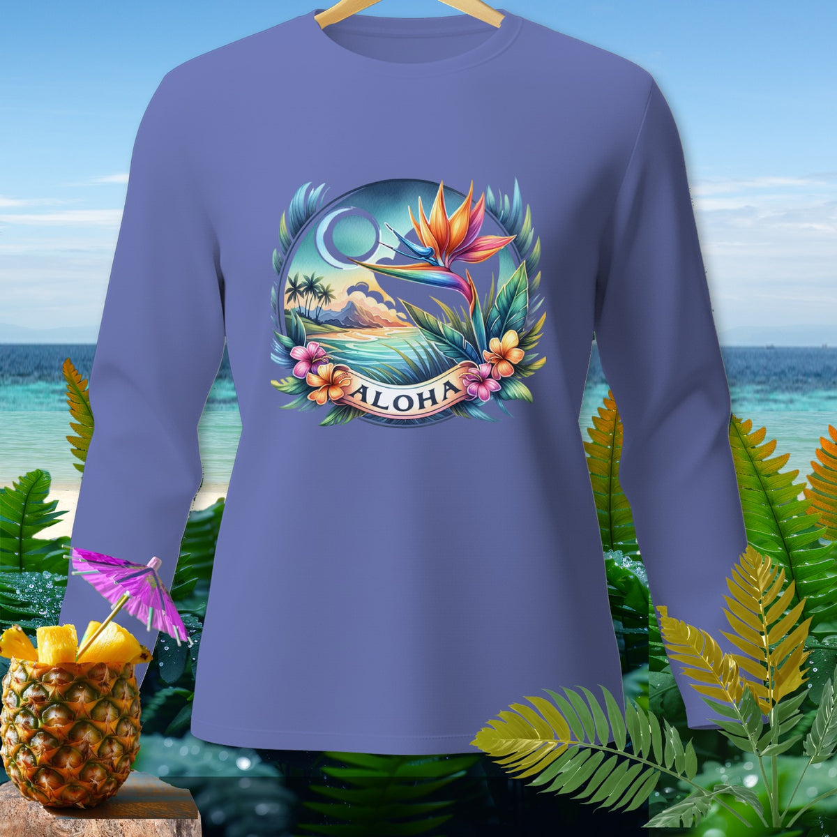 Purple long-sleeve shirt with a tropical graphic and the word "Aloha".