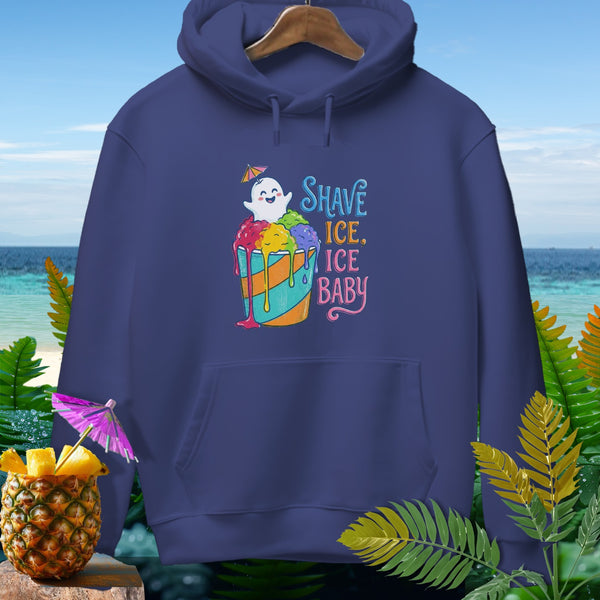 Navy hoodie with "Shave Ice, Ice Baby" graphic featuring a ghost and shave ice.