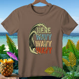 Brown t-shirt with a surfer riding a wave and text that reads 
