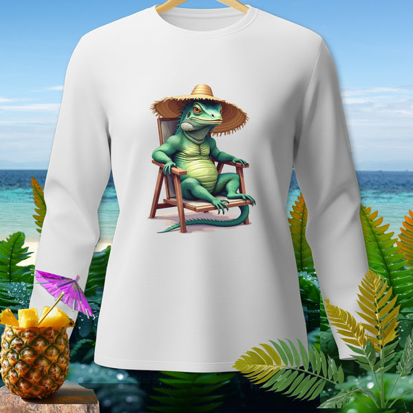 White long-sleeve shirt with a green iguana wearing a straw hat on a beach chair.