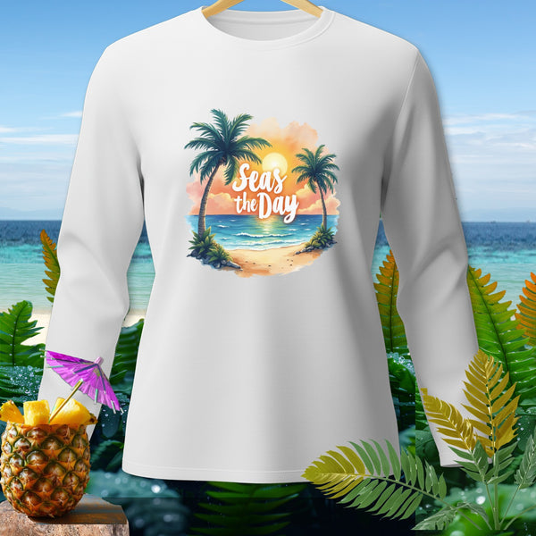 White long-sleeve shirt with a tropical beach graphic and "Seas the Day" text.