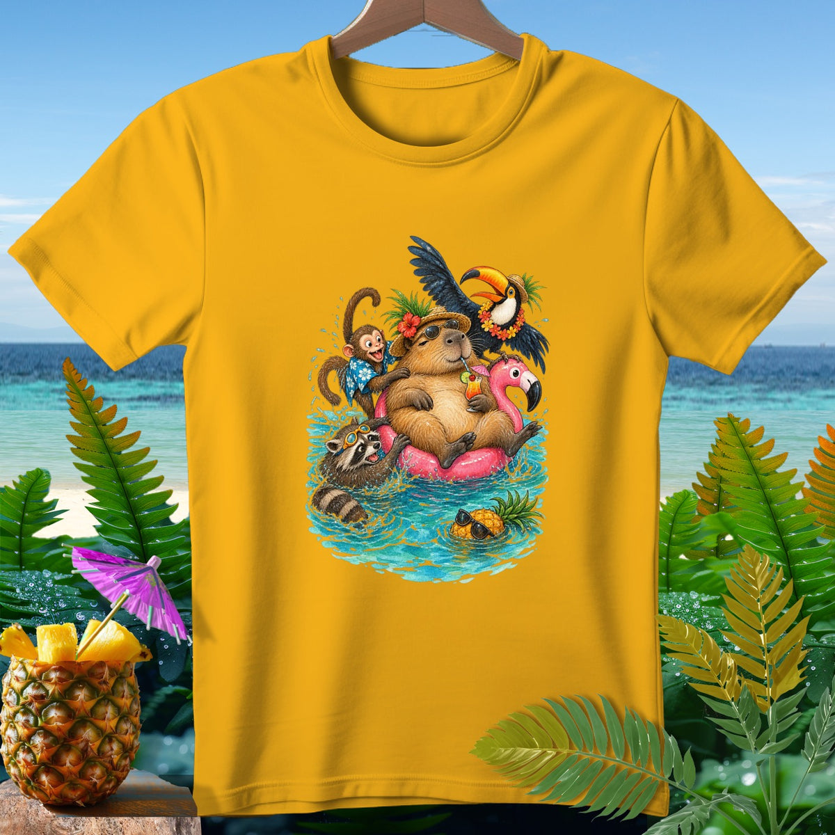 Capybara, monkey, raccoon, and toucan swim on a pink flamingo float with pineapples.