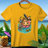 Capybara, monkey, raccoon, and toucan swim on a pink flamingo float with pineapples.