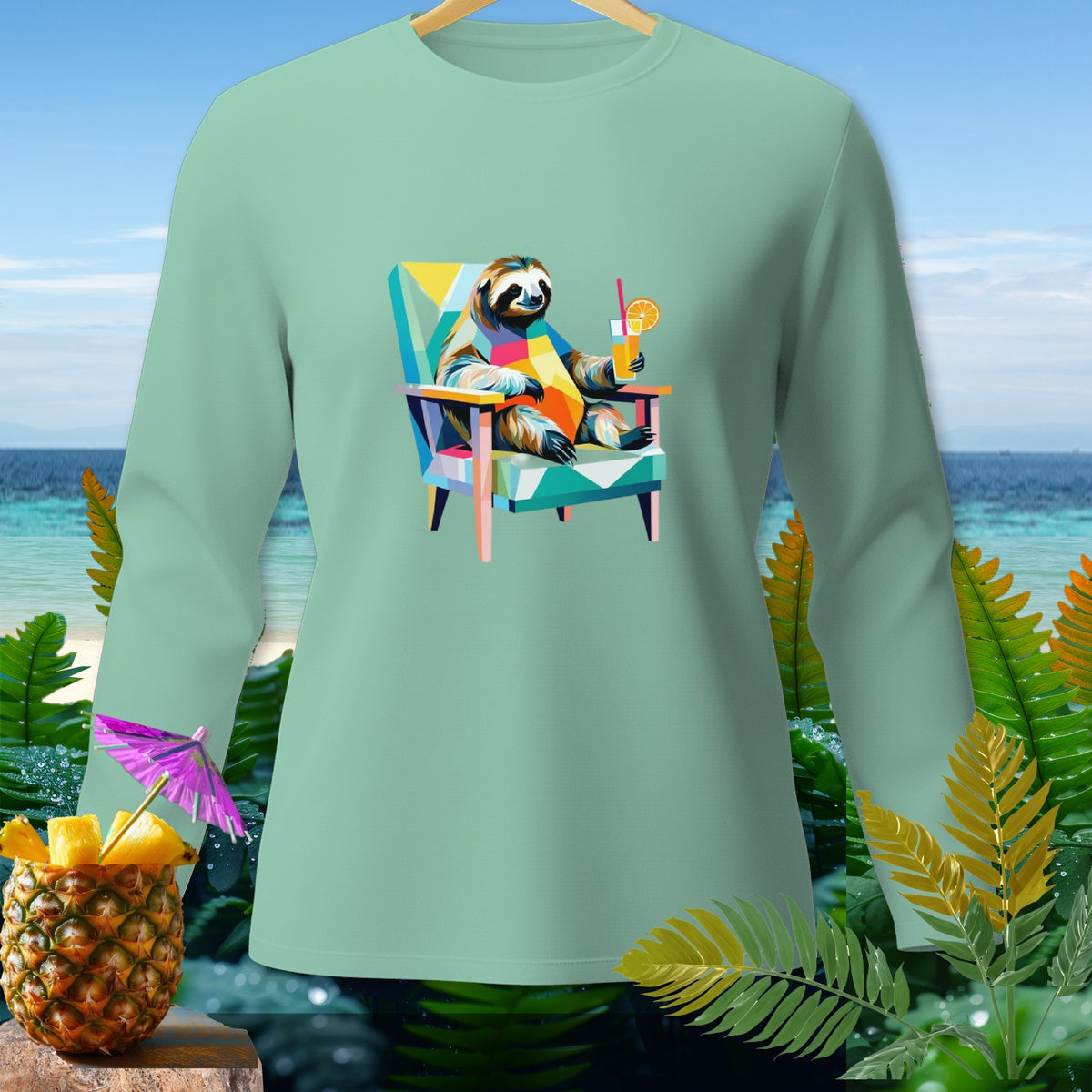 Long-sleeve shirt with a colorful sloth on a chair holding a drink.