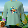 Long-sleeve shirt with a colorful sloth on a chair holding a drink.