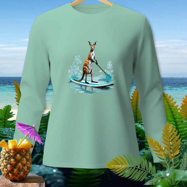 Light green long sleeve shirt with kangaroo on paddleboard graphic.