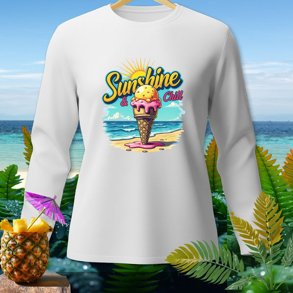 White long-sleeve shirt with "Sunshine & Chill" text and melting ice cream on a beach.