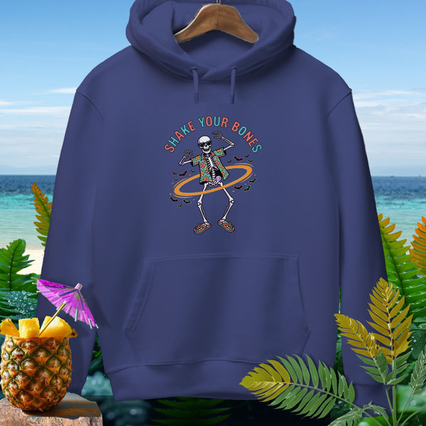 Navy hoodie with a skeleton hula hooping and "Shake Your Bones" text.
