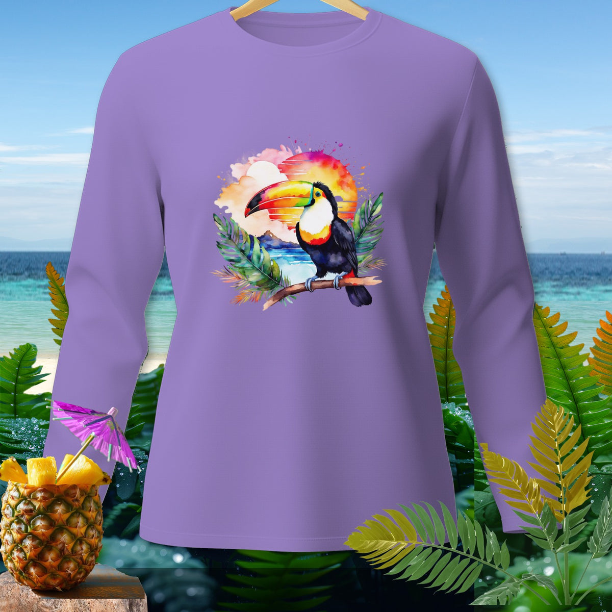 Lavender long-sleeve shirt with a watercolor toucan on a branch at sunset design.