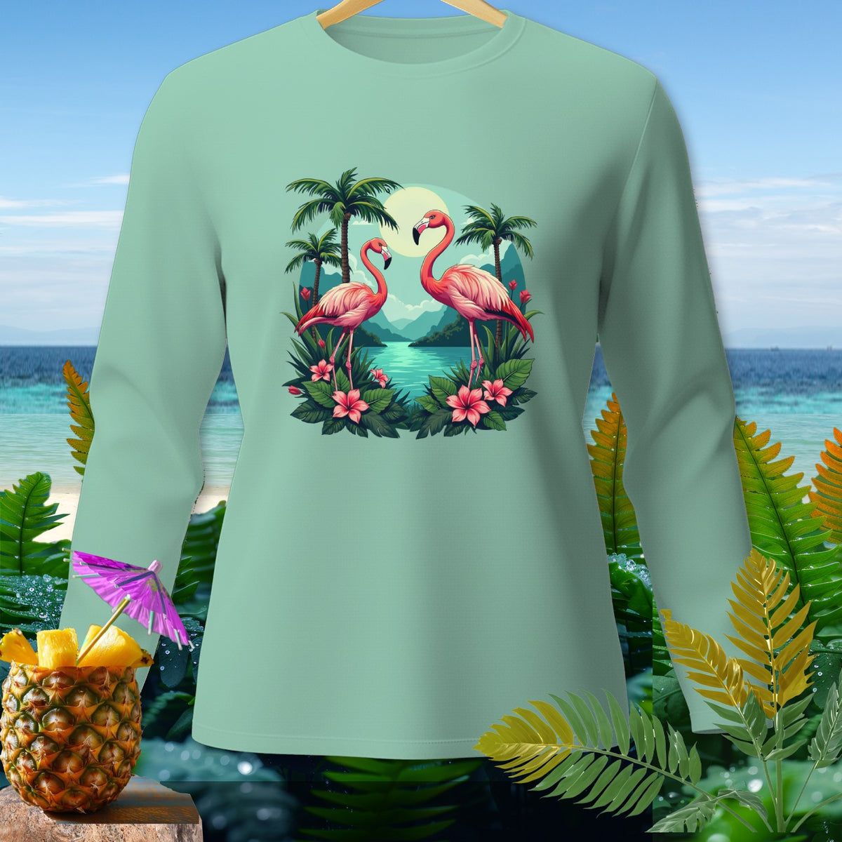 Light green long-sleeve shirt with a tropical flamingo and palm tree scene.