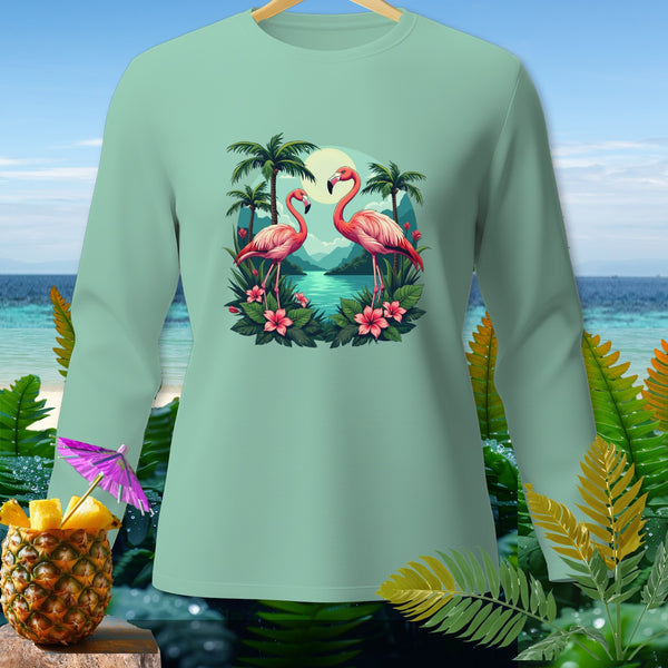 Light green long-sleeve shirt with a tropical flamingo and palm tree scene.