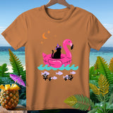 Black cat in witch hat on pink flamingo float with moon and fish.
