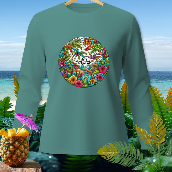 Teal long sleeve shirt with a circular tropical design featuring "Aloha."
