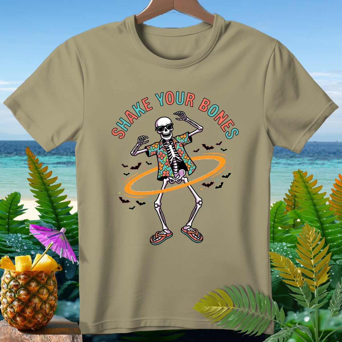 Skeleton dancing in Hawaiian shirt with "Shake Your Bones" text, framed by tropical scenery.