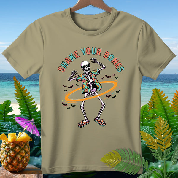 Skeleton dancing in Hawaiian shirt with "Shake Your Bones" text, framed by tropical scenery.