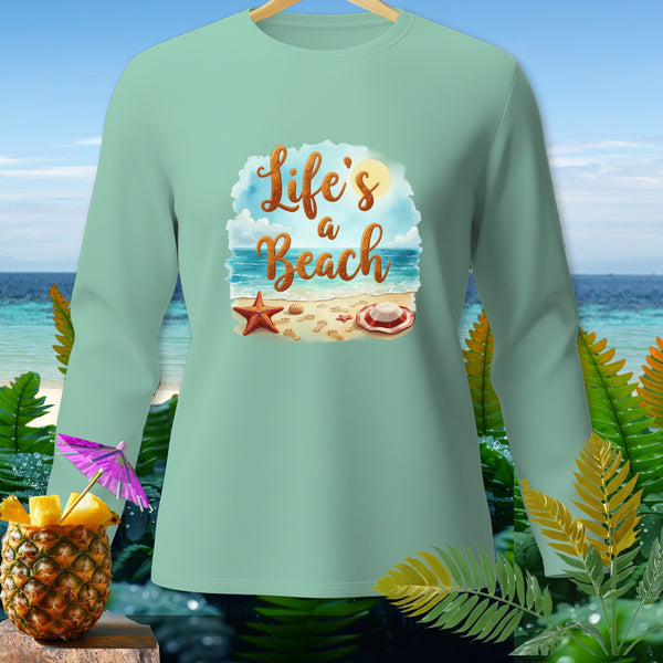 Long sleeve shirt with "Life's a Beach" graphic and beach scene.