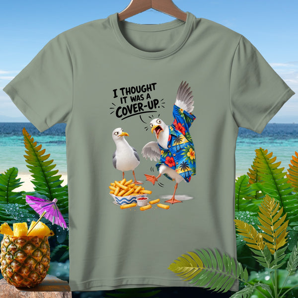 Seagulls with french fries and text "I thought it was a cover-up."