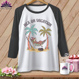 Raglan shirt with witch on vacation graphic and text 