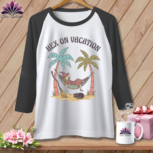 Raglan shirt with witch on vacation graphic and text "Hex on Vacation."