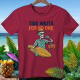 Skeleton with surfboard, pumpkin bucket, and text 