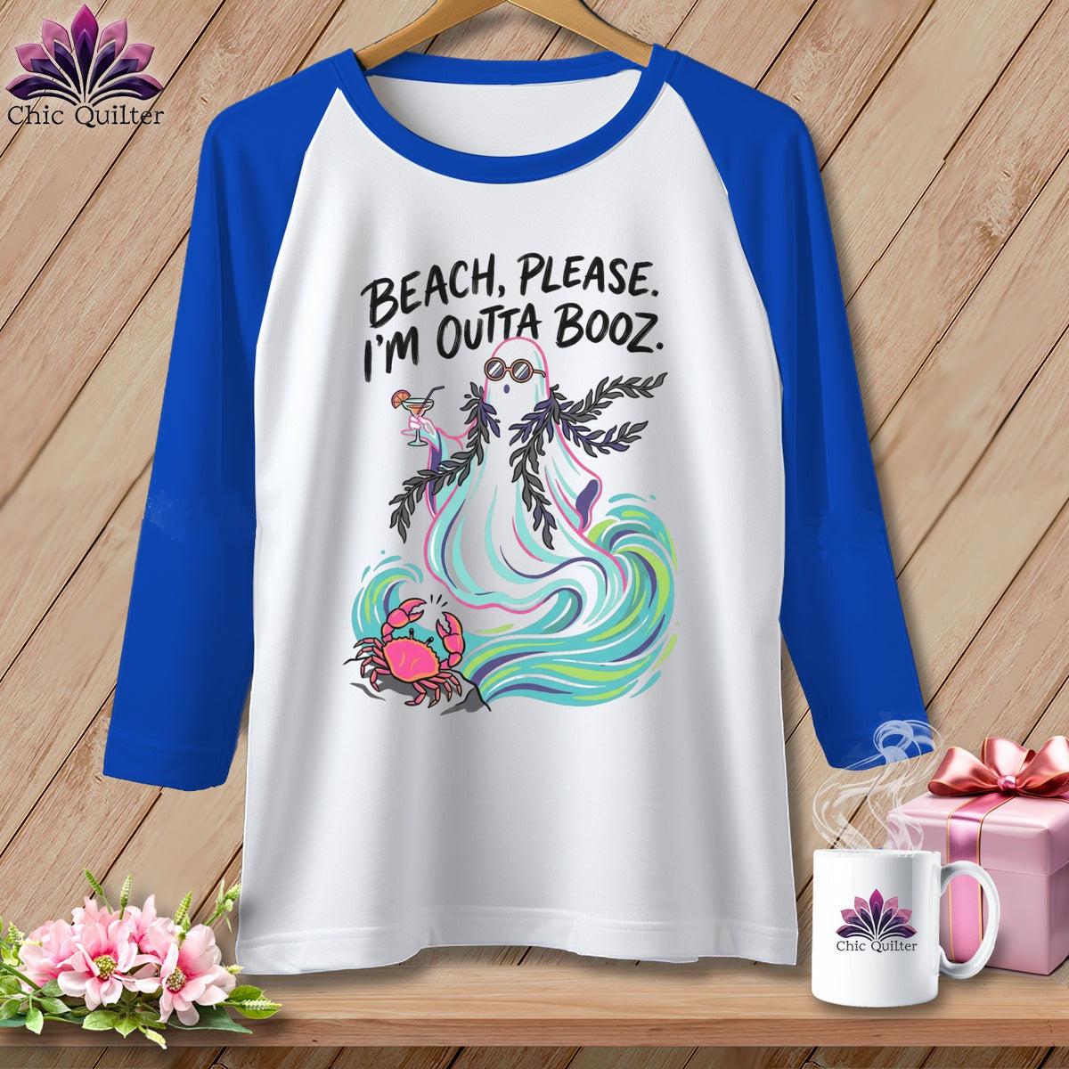 White baseball tee with ghost and crab graphic, text "Beach, Please. I'm Outta Booz."