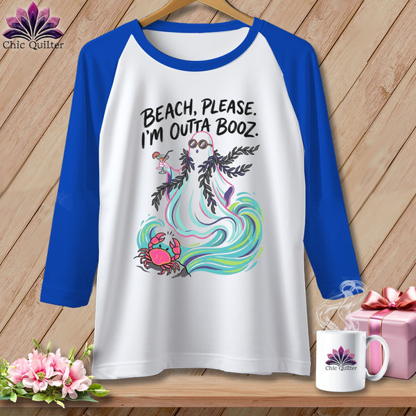 White baseball tee with ghost and crab graphic, text "Beach, Please. I'm Outta Booz."