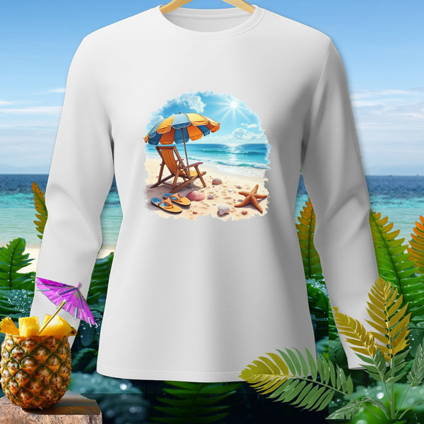 White long-sleeve shirt with a beach scene graphic featuring a chair and umbrella.