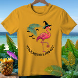 Yellow t-shirt with flamingo in witch hat holding pumpkin, text reads 