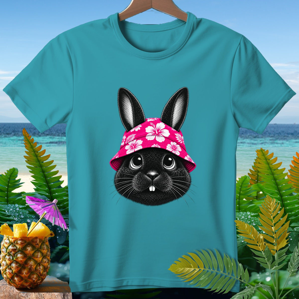 Teal t-shirt with a black bunny wearing a pink floral hat.