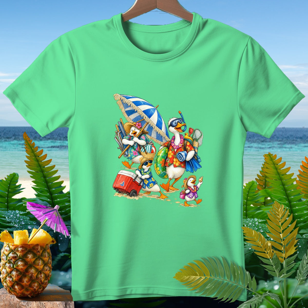 Cartoon ducks in Hawaiian shirts and beachwear walk on the sand with an umbrella and cooler.