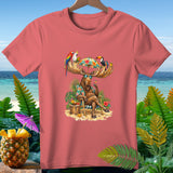 Moose wearing sunglasses and Hawaiian shirt relaxes on a beach with tropical birds.