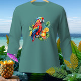 Teal long sleeve shirt with a colorful parrot and cocktail graphic.