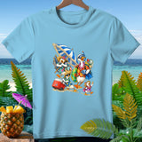 Cartoon ducks on a beach with a cooler, umbrella, and beach gear.